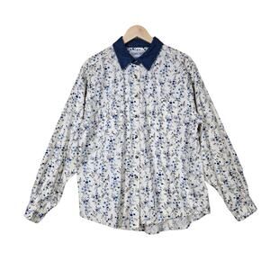 VTG Cabin Creek Top XL Ivory Blue Ditsy Floral Cotton Button Front Cottagecore